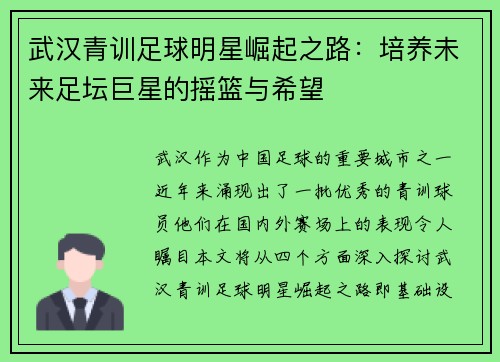 武汉青训足球明星崛起之路：培养未来足坛巨星的摇篮与希望